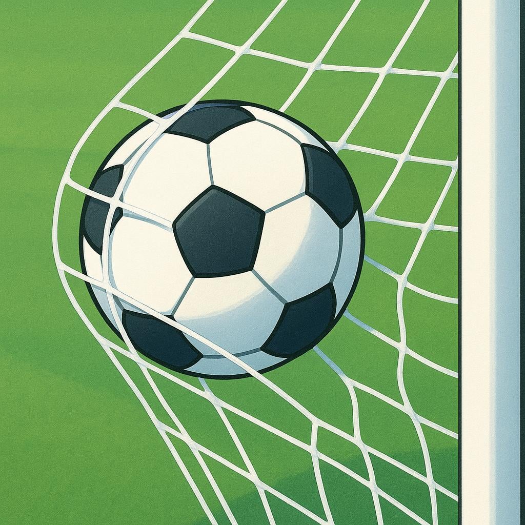 A soccer ball is suspended halfway through the netting of a goal, indicating a score has just been made.