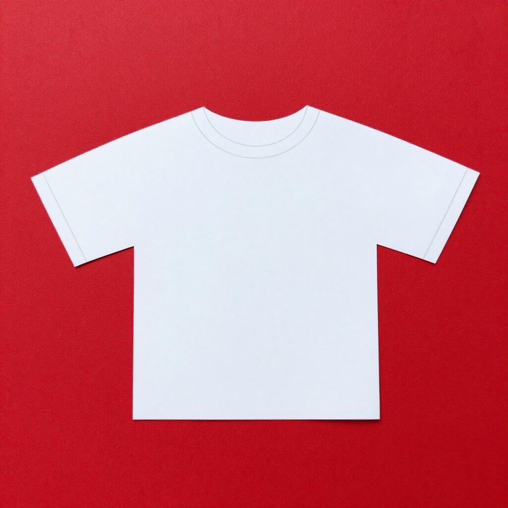 A paper dress pattern laid out on a piece of red fabric.