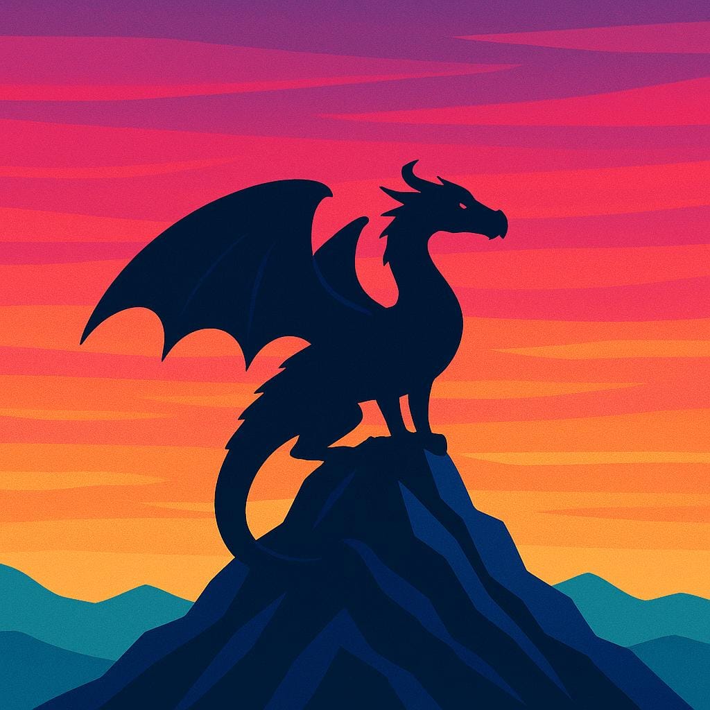 A large, magnificent winged dragon perched atop a stylized mountain peak, representing a legendary creature.