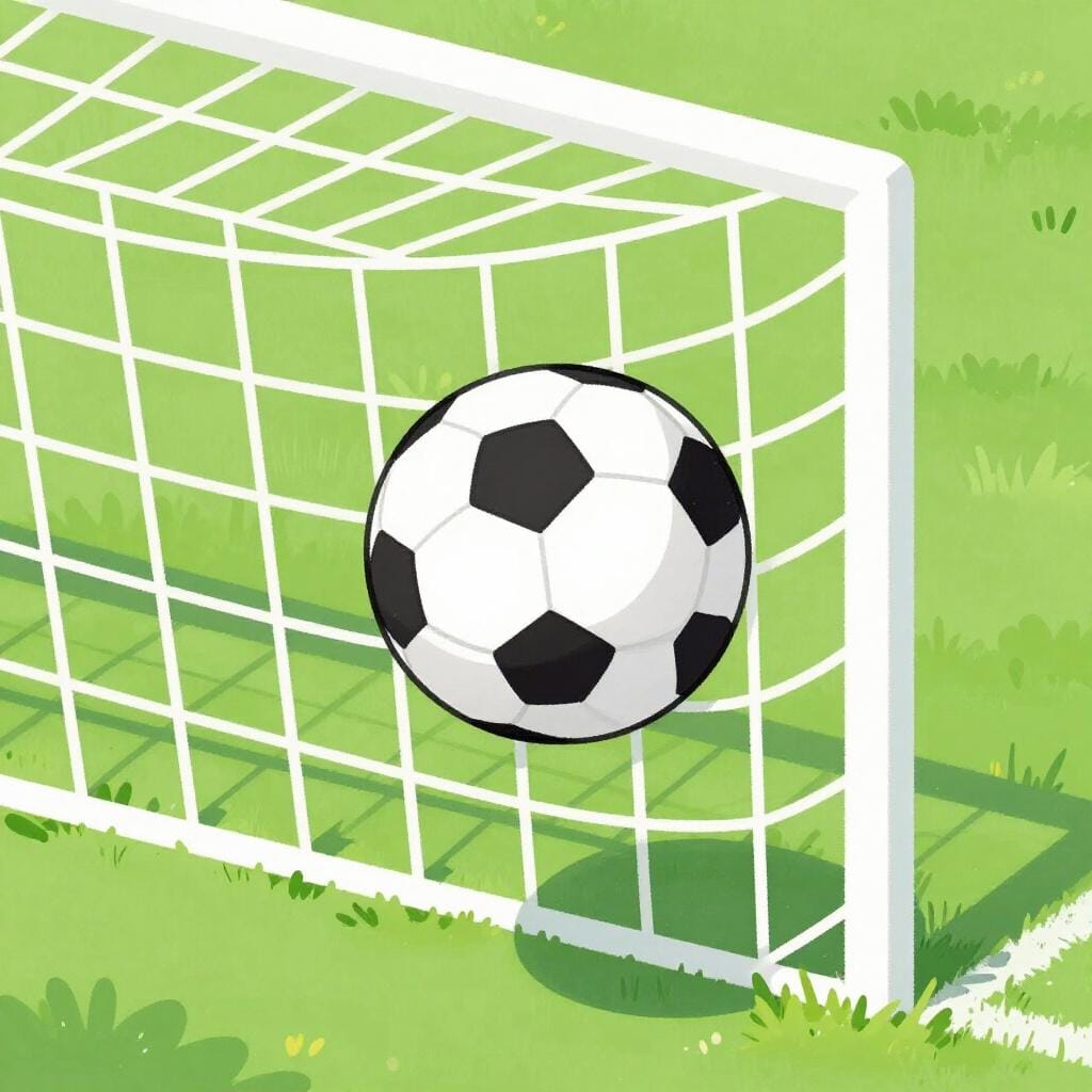 En färgglad sagoboksillustration av en fotboll inuti ett målnät.