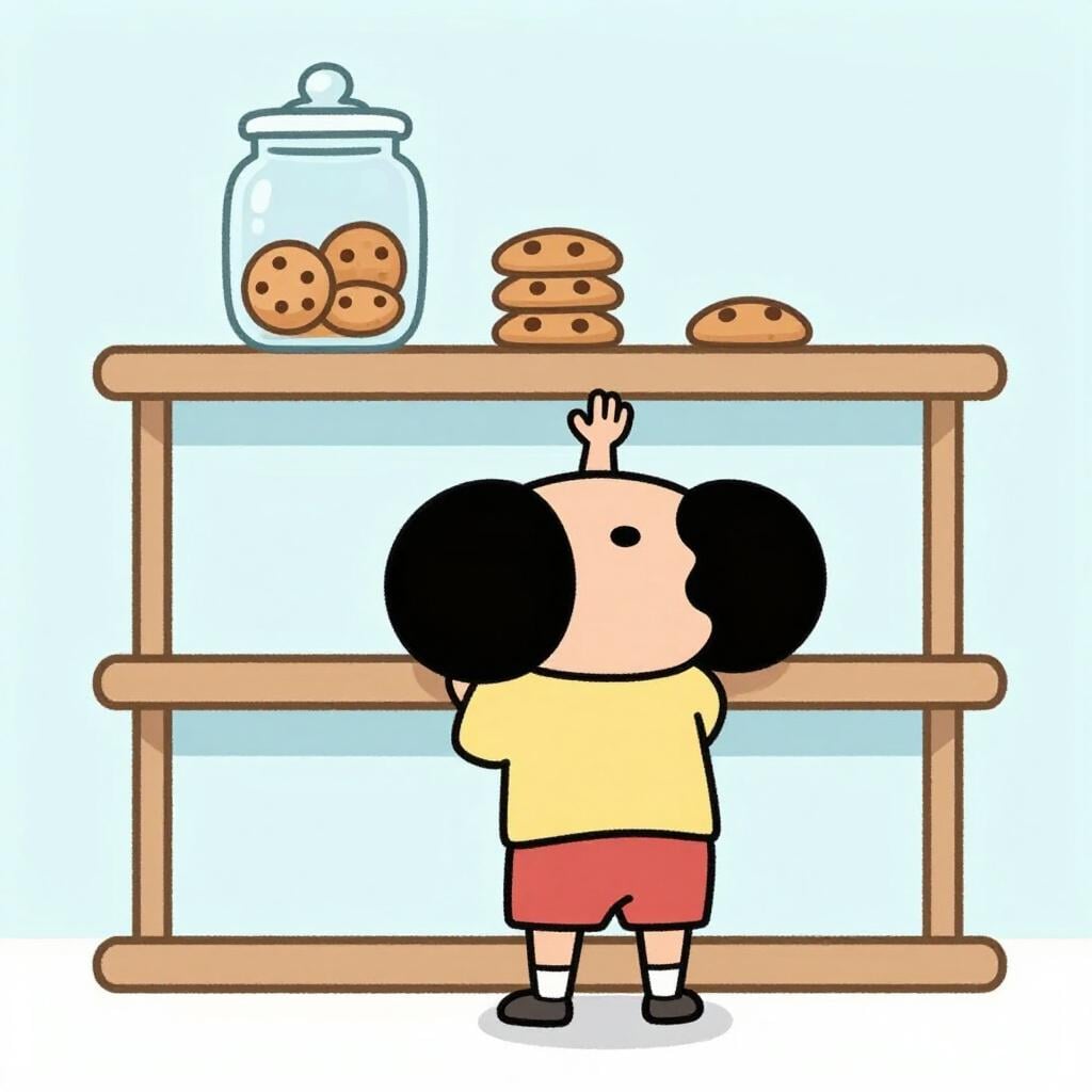 A small child unsuccessfully reaching for a cookie jar on a high kitchen counter.