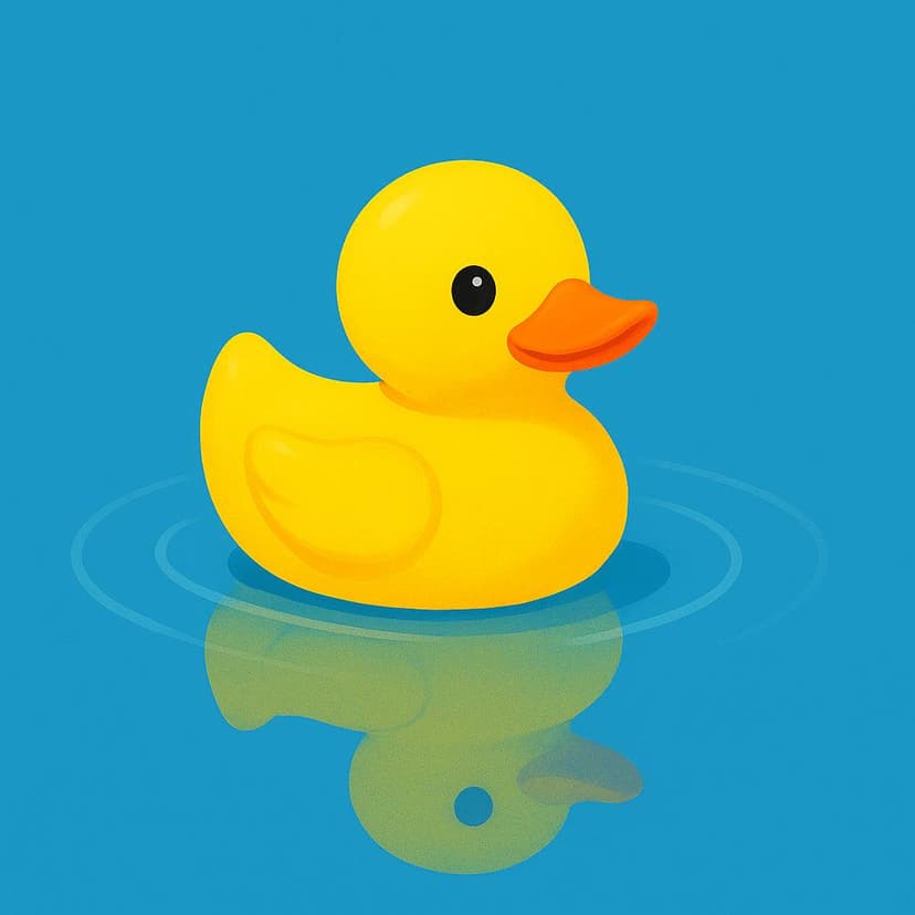 A bright yellow rubber duck resting perfectly still on the surface of bright blue water, demonstrating the action of floating.