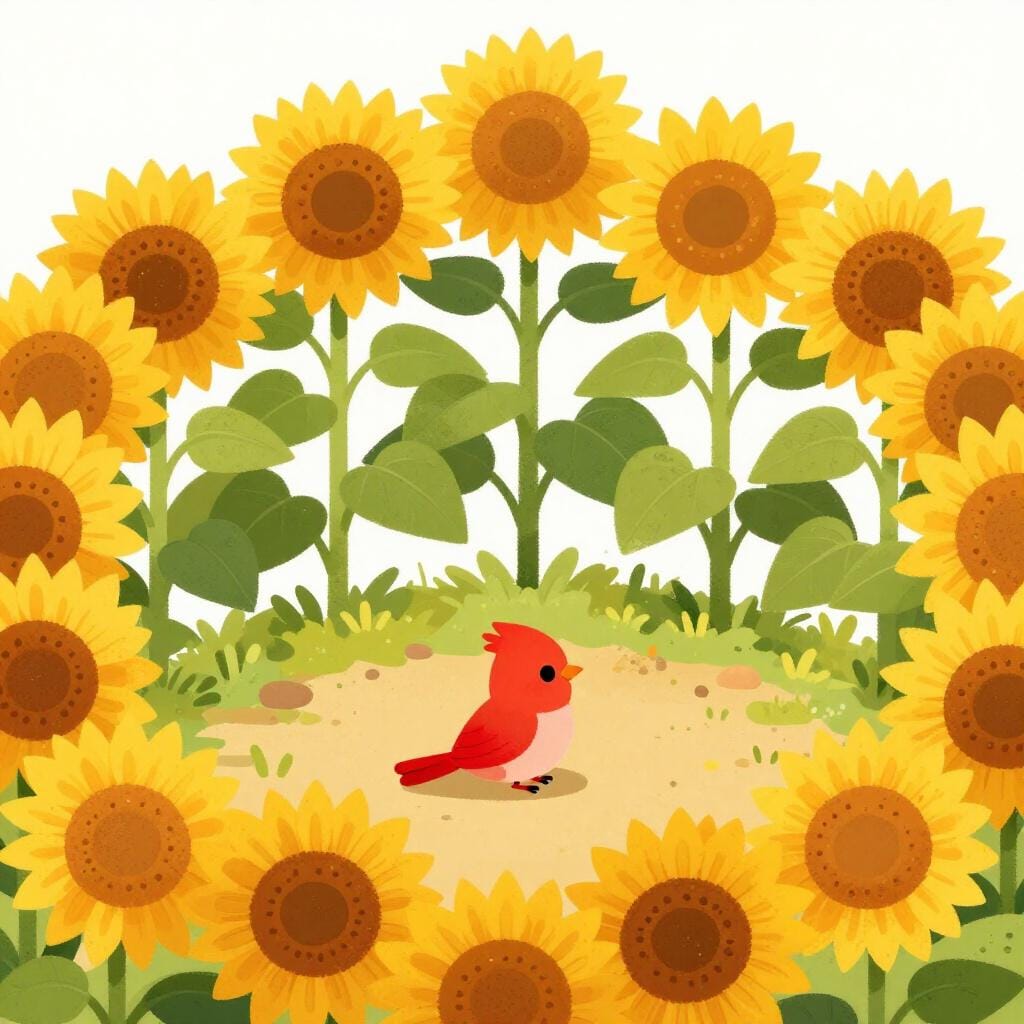 A small red bird sitting in the center of a circle of tall yellow sunflowers.