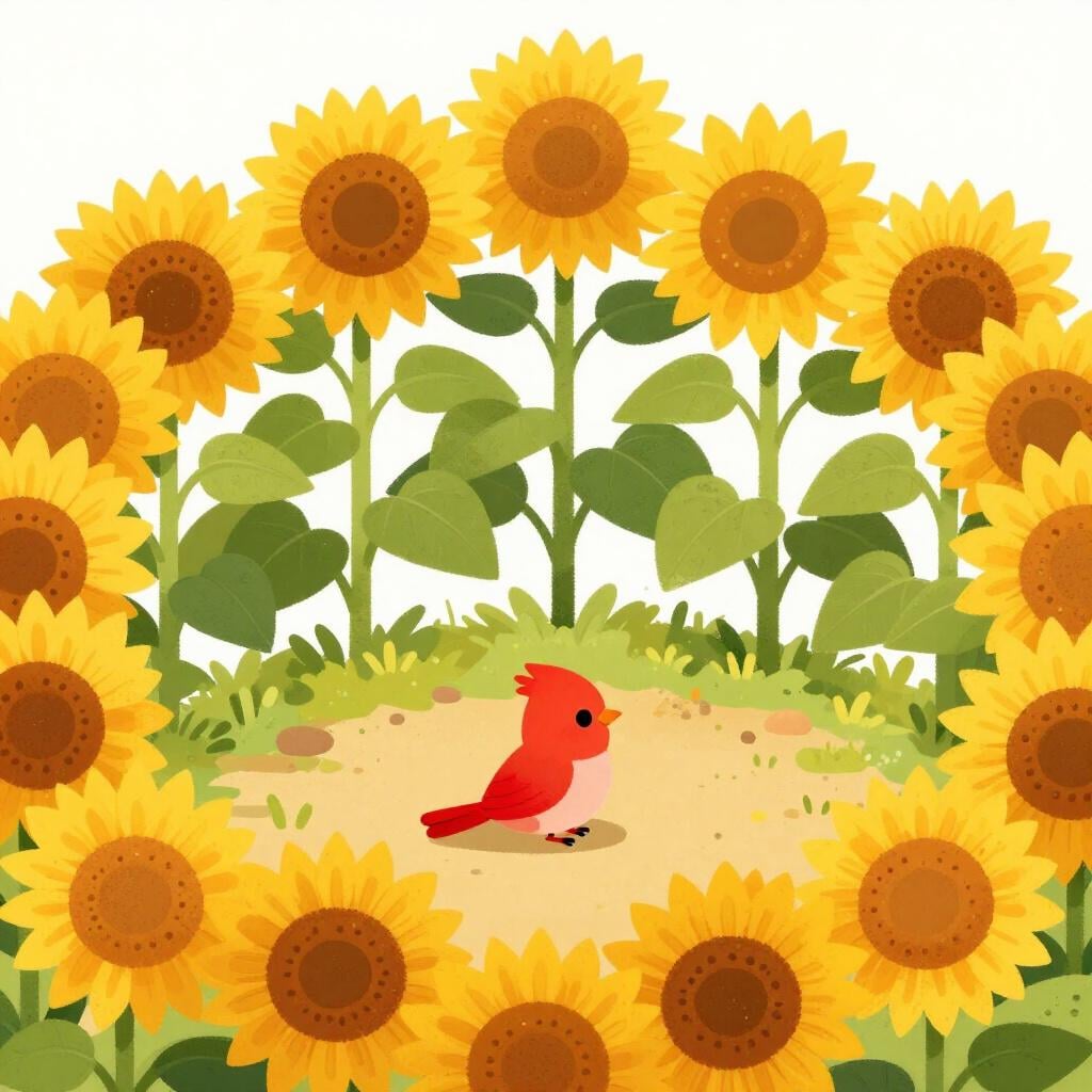 A small red bird sitting in the center of a circle of tall yellow sunflowers.
