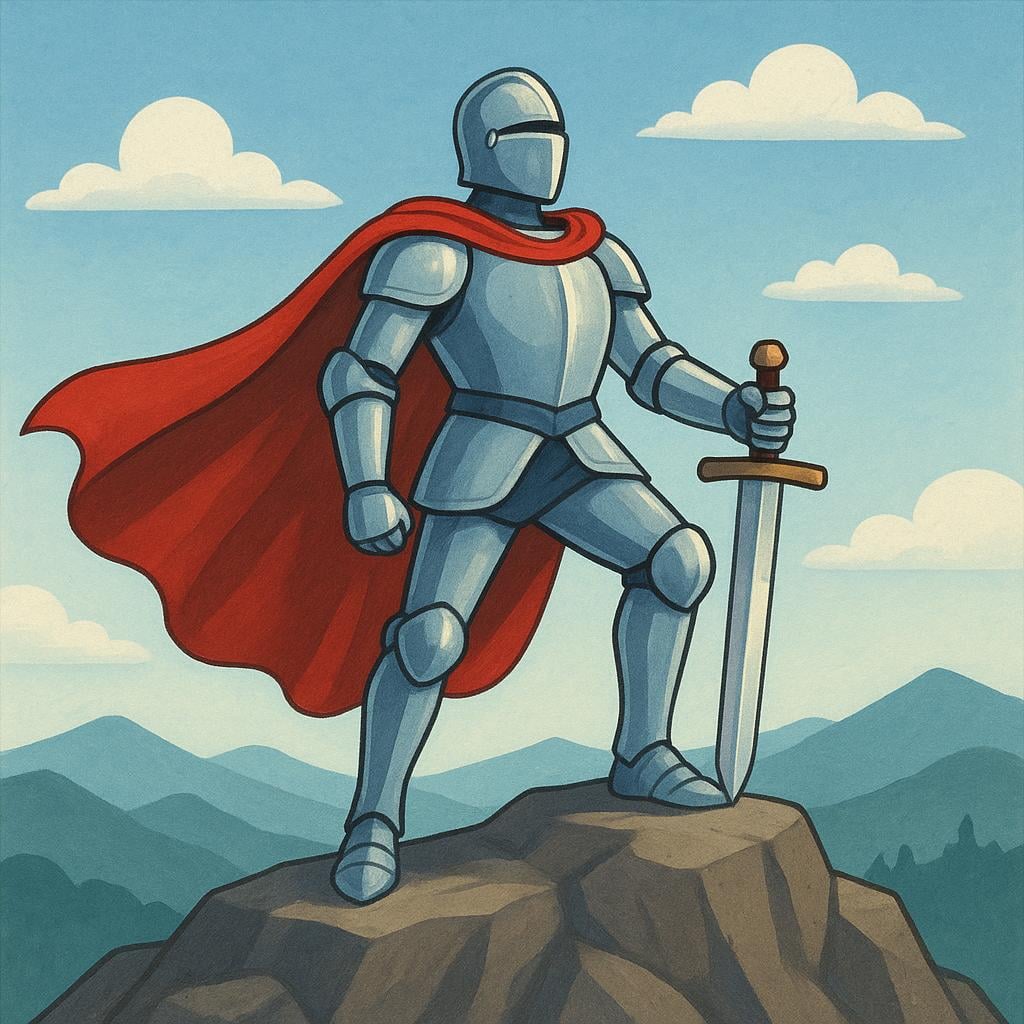 A powerful mythological warrior wearing shining silver armor and a flowing red cape, standing heroically on a rocky mountaintop.