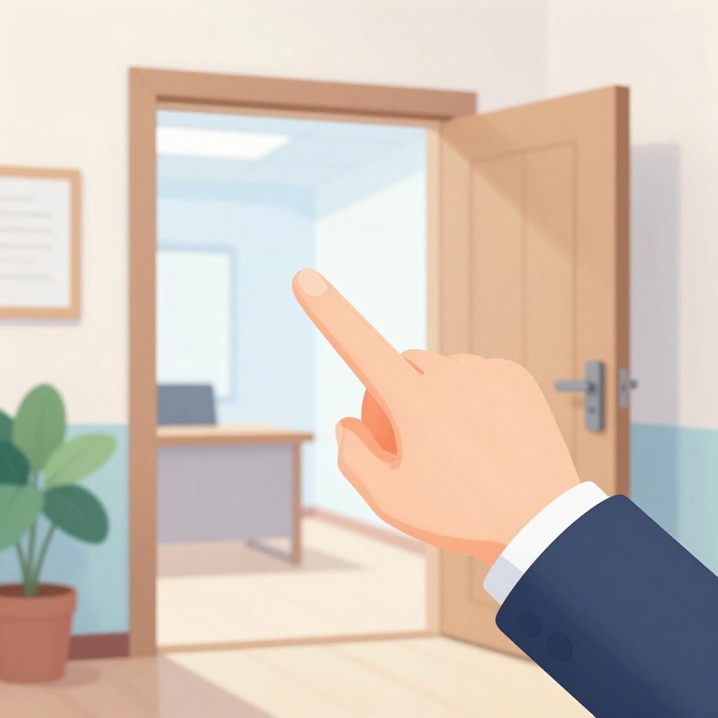 A hand pointing firmly towards an open door.