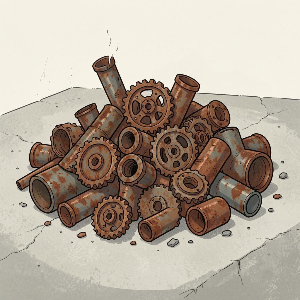 A pile of rusted iron pipes, gears, and metal sheets in a recycling yard.