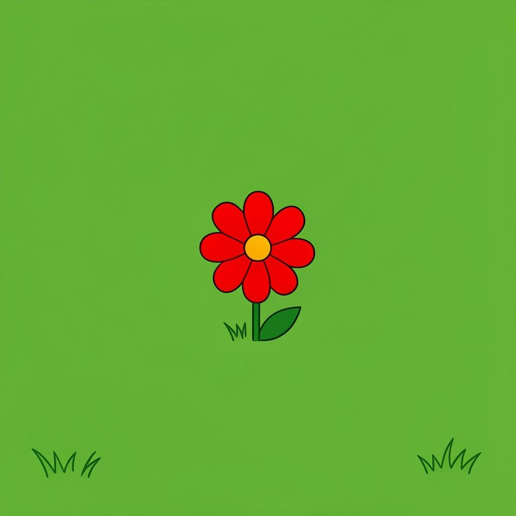 A single red flower blooming in the middle of a large field of green grass.