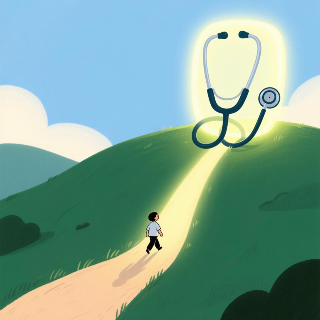 A person following a brightly lit path toward a glowing stethoscope placed on a hill, symbolizing a professional calling or vocation.