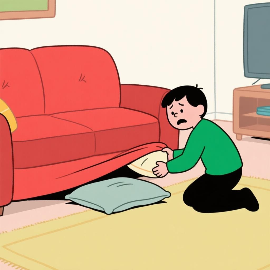 A frustrated person kneeling beside a large red sofa, lifting a cushion and looking underneath with a worried expression, searching for a lost object.