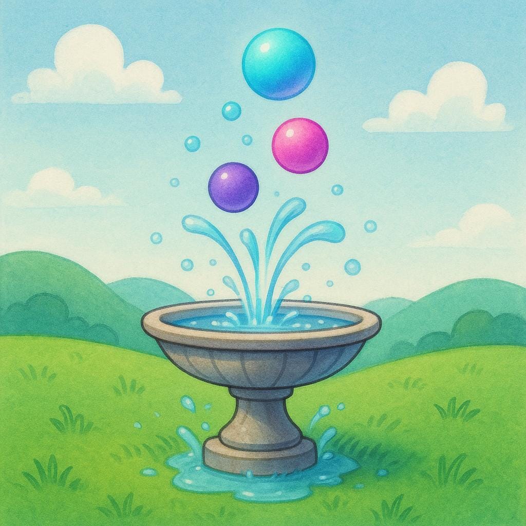 A stylized, bubbling fountain on a green landscape actively releasing three new, colorful, glowing spheres that float upward, symbolizing the act of creating or generating.