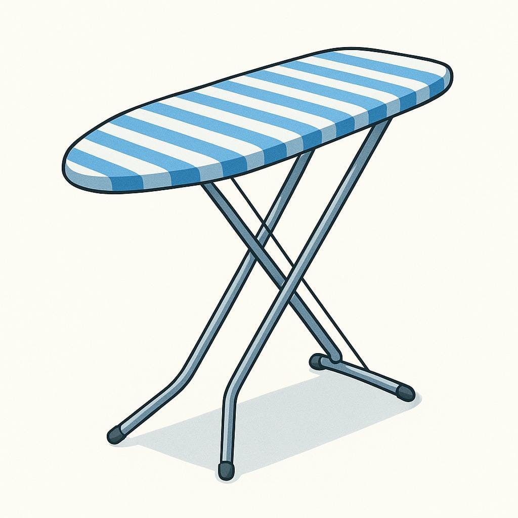 A simple illustration of an unfolded metal ironing board standing upright, covered with a blue and white striped cloth.