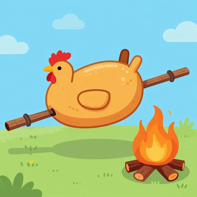 A whole chicken roasting on a rotating spit over a warm glowing fire.