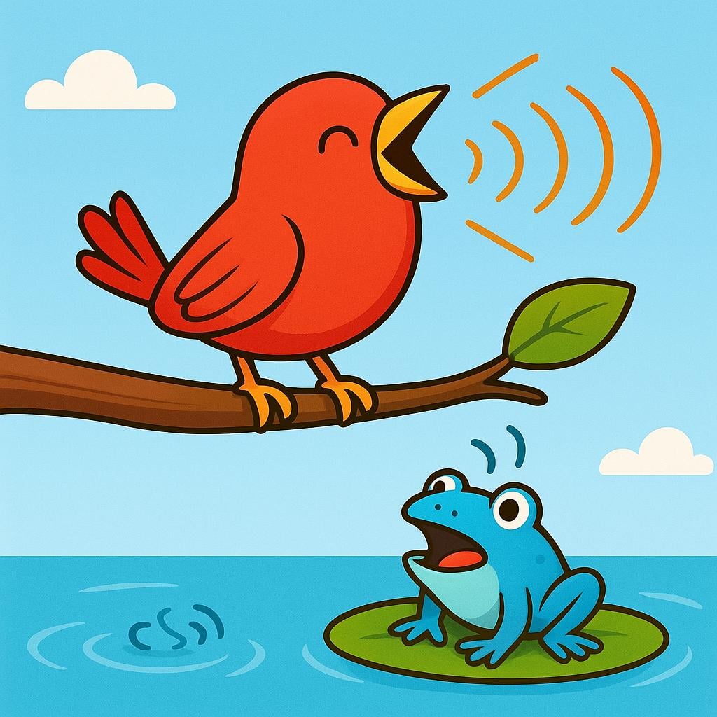 A bright red cartoon bird singing loudly on a tree branch and a small blue frog croaking on a lily pad below. Both the bird and the frog are emitting visible, wavy sound lines illustrating the concept of audible phenomena.