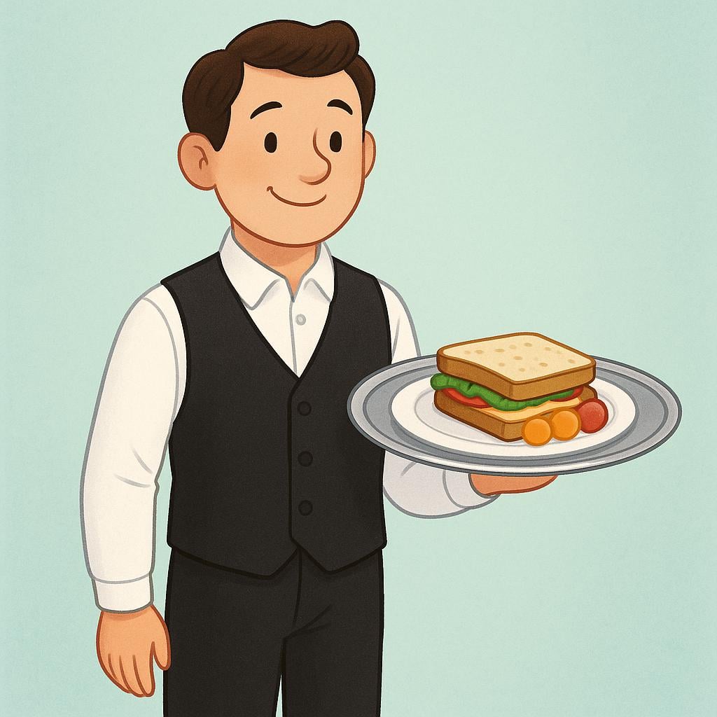 A smiling man dressed as a waiter, wearing a white shirt and black vest, holding a silver tray with a covered dish, standing in a simple restaurant setting.