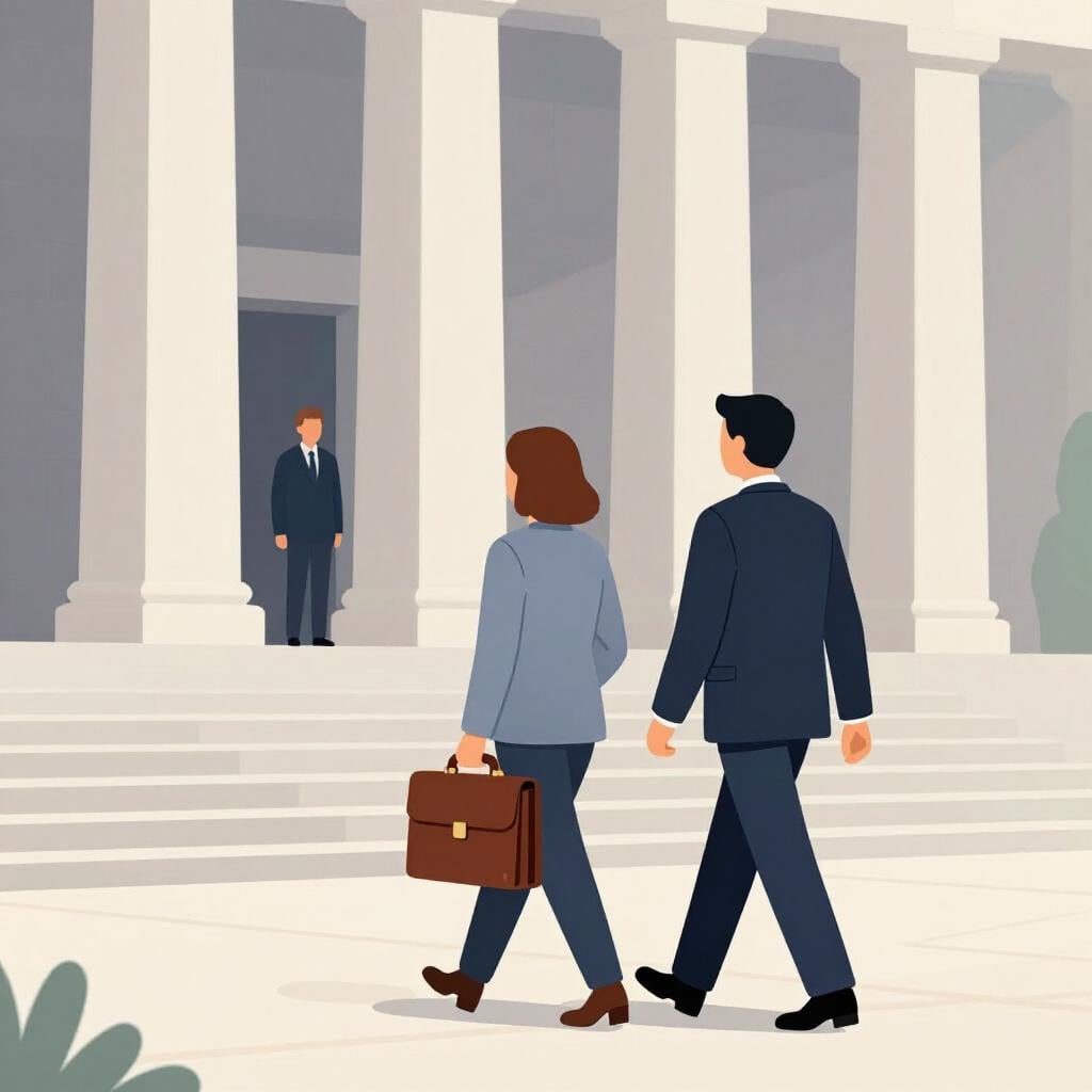 Un petit groupe de trois personnes marchant ensemble, l'une portant une mallette en cuir, alors qu'elles entrent dans un grand bâtiment pour représenter leur communauté.