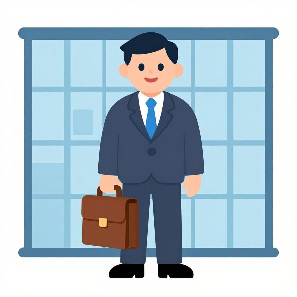 A man in a smart suit holding a briefcase and a smartphone, standing in front of a modern office building.