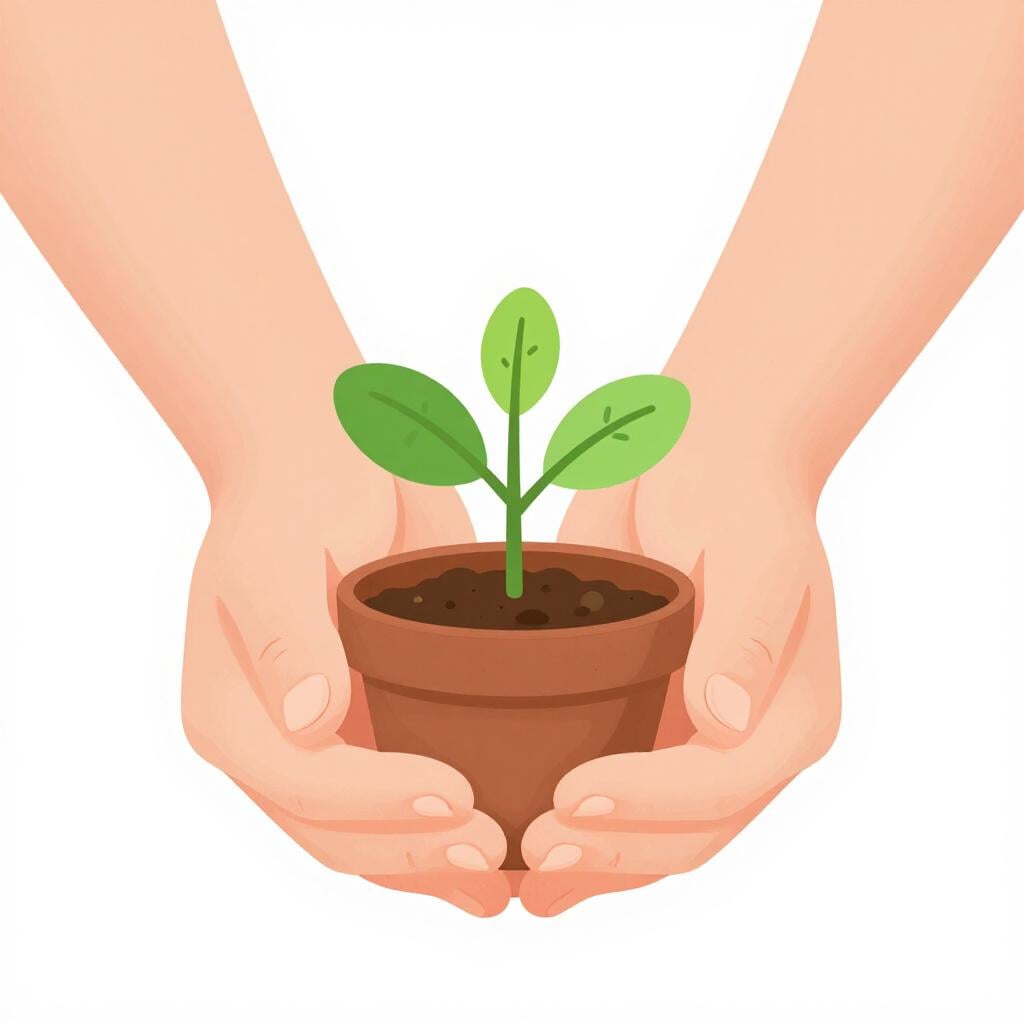 A child holding a small seedling carefully with both hands to keep it upright and safe.