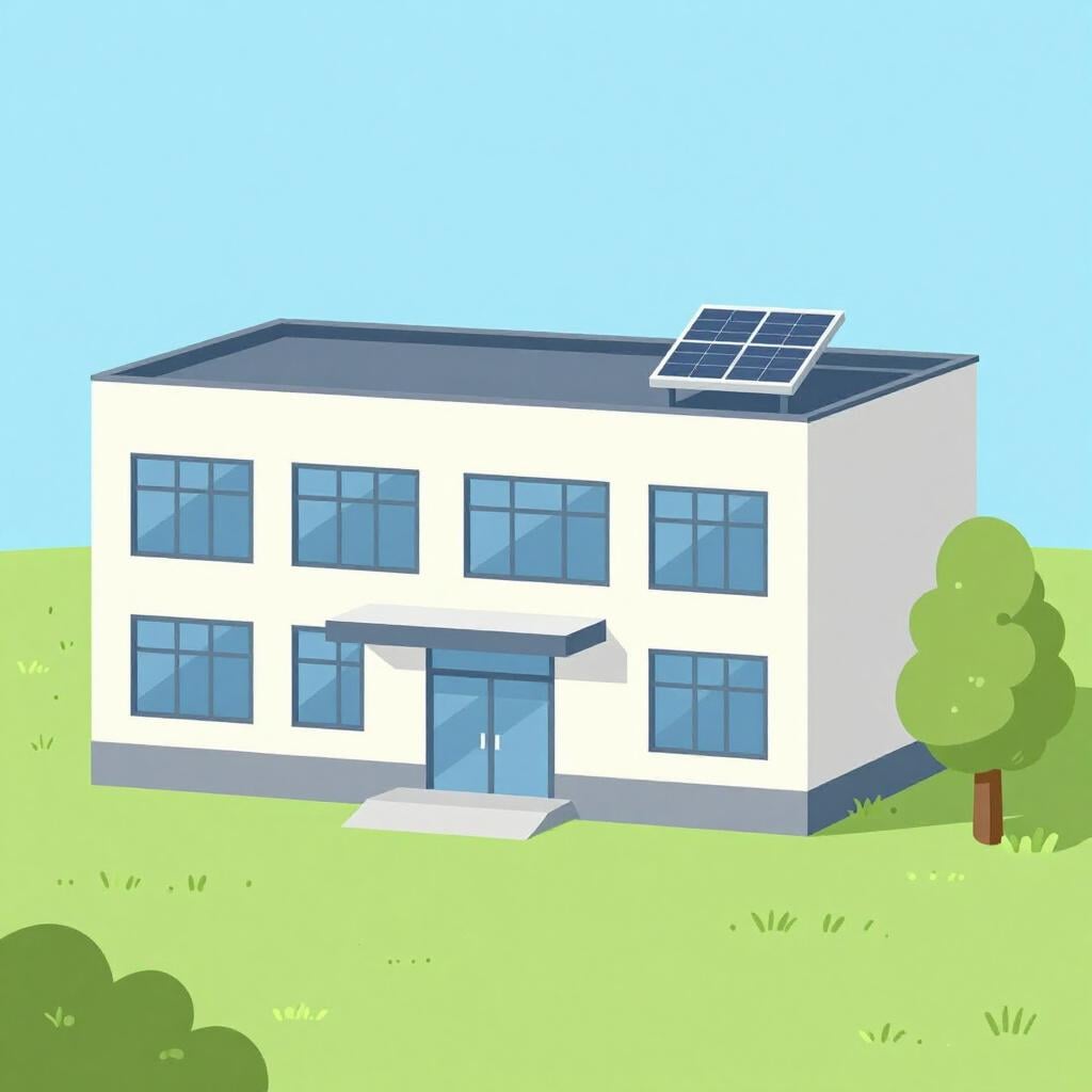 Ein modernes Schulgebäude mit großen Fenstern und einem Solarpanel auf dem Dach.