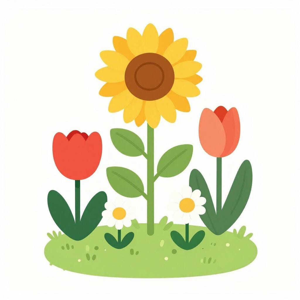 A variety of different types of flowers, such as a sunflower, a tulip, and a daisy, growing together in a garden.