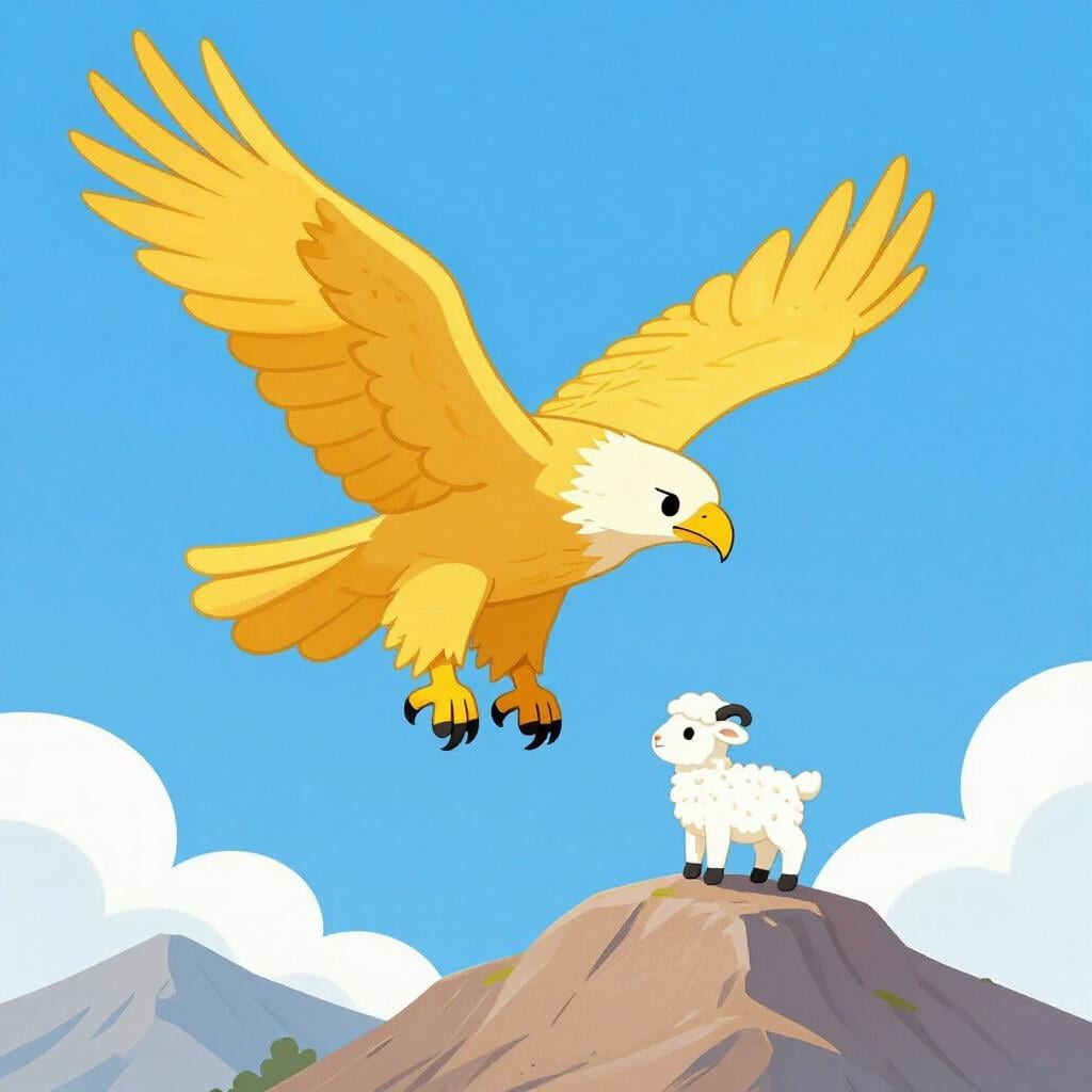 Un grand aigle majestueux aux plumes dorées portant un petit agneau surpris doucement à travers les nuages.