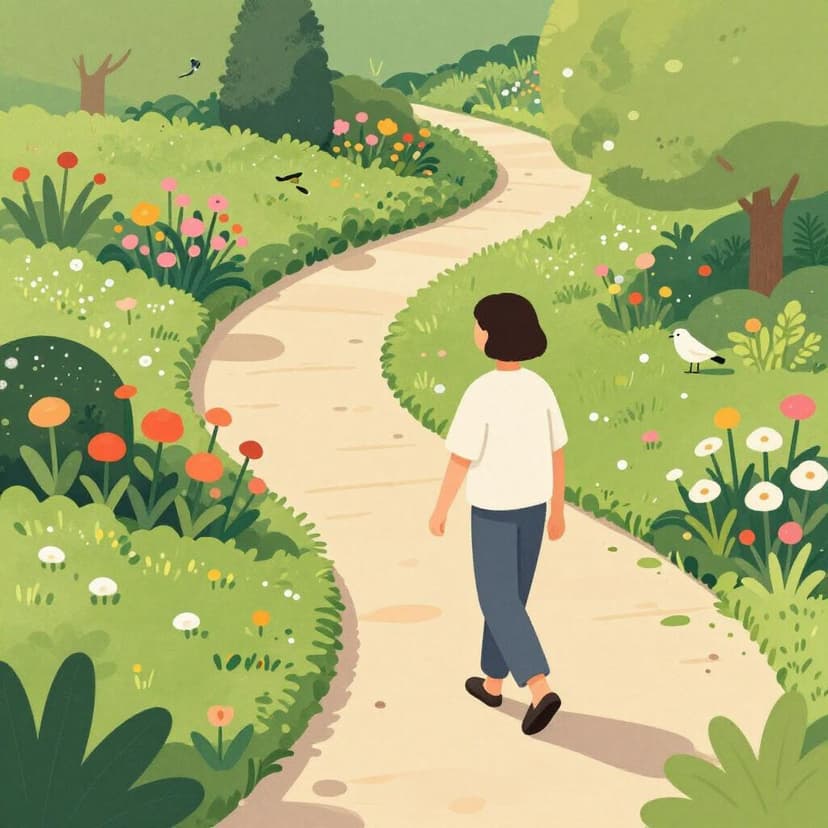 Een persoon die langzaam door een rustig park loopt zonder specifieke bestemming, kijkend naar de bomen.