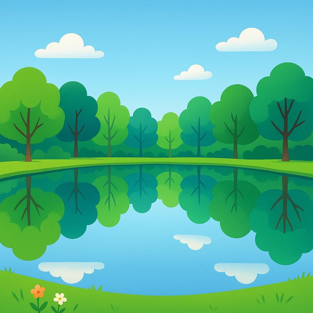 A perfectly still pond surface reflecting the surrounding trees and sky without any ripples.