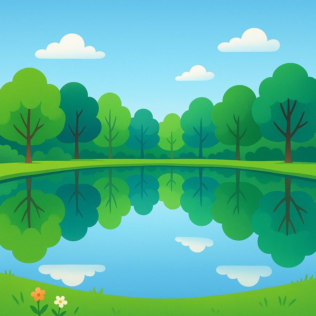 A perfectly still pond surface reflecting the surrounding trees and sky without any ripples.