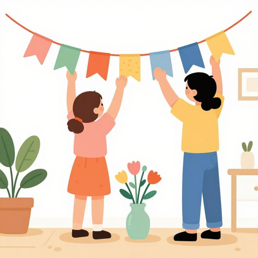 A child hanging colorful paper bunting and placing a vase of bright flowers on a wooden table in a cozy room.