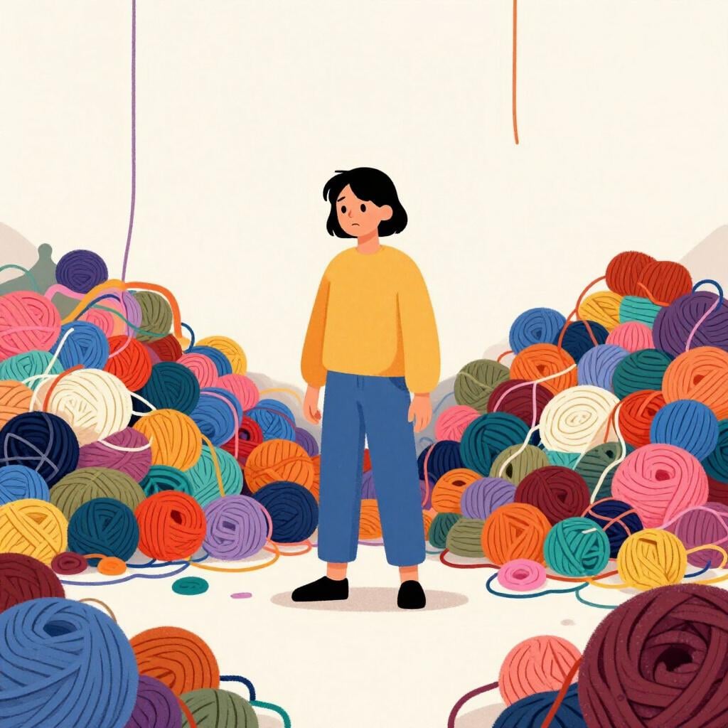 Een persoon die midden in een kamer staat met veel verwarde kleurrijke bolletjes wol, overweldigd ogend.