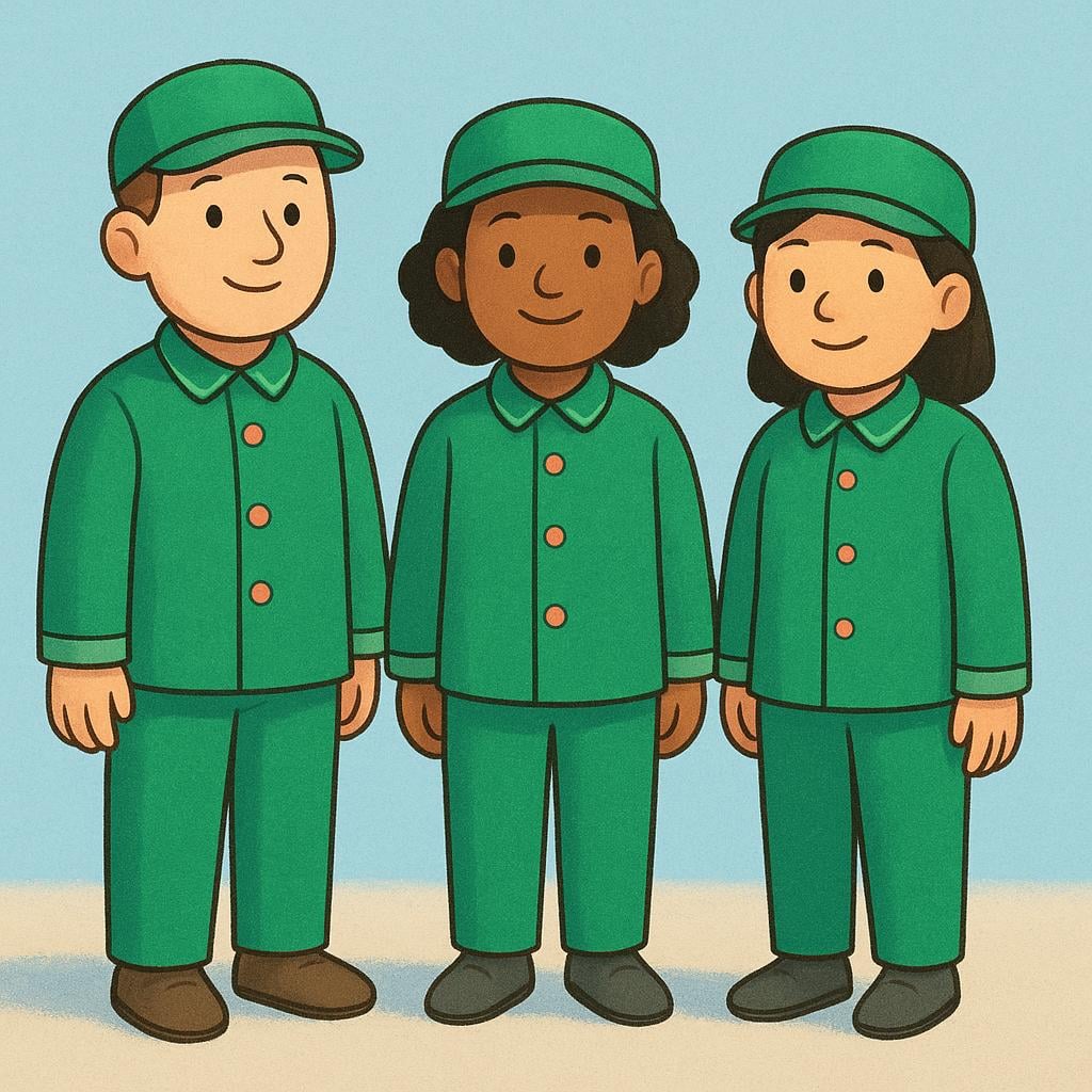 Eine einfache Illustration von drei Figuren in einer Reihe, alle tragen passende grüne Militäruniformen und Mützen, was organisierte Streitkräfte darstellt.