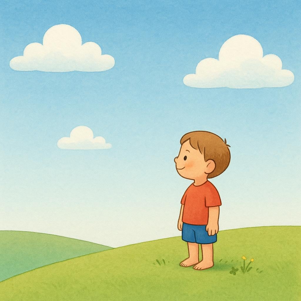 A small child stands alone on a grassy hill, looking out at a wide, empty landscape stretching far away, emphasizing the surrounding area.