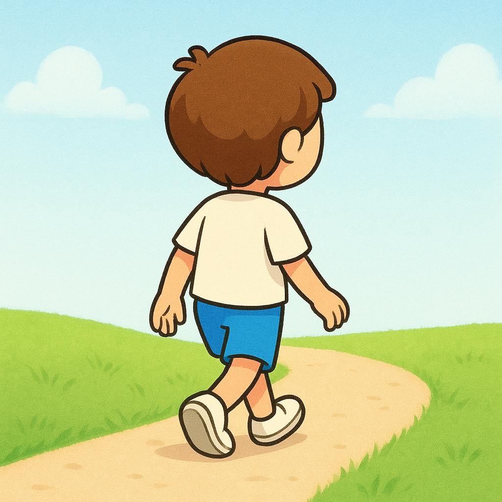 A simplified cartoon character wearing blue shorts is seen walking away, focusing on the back side of their lower body.