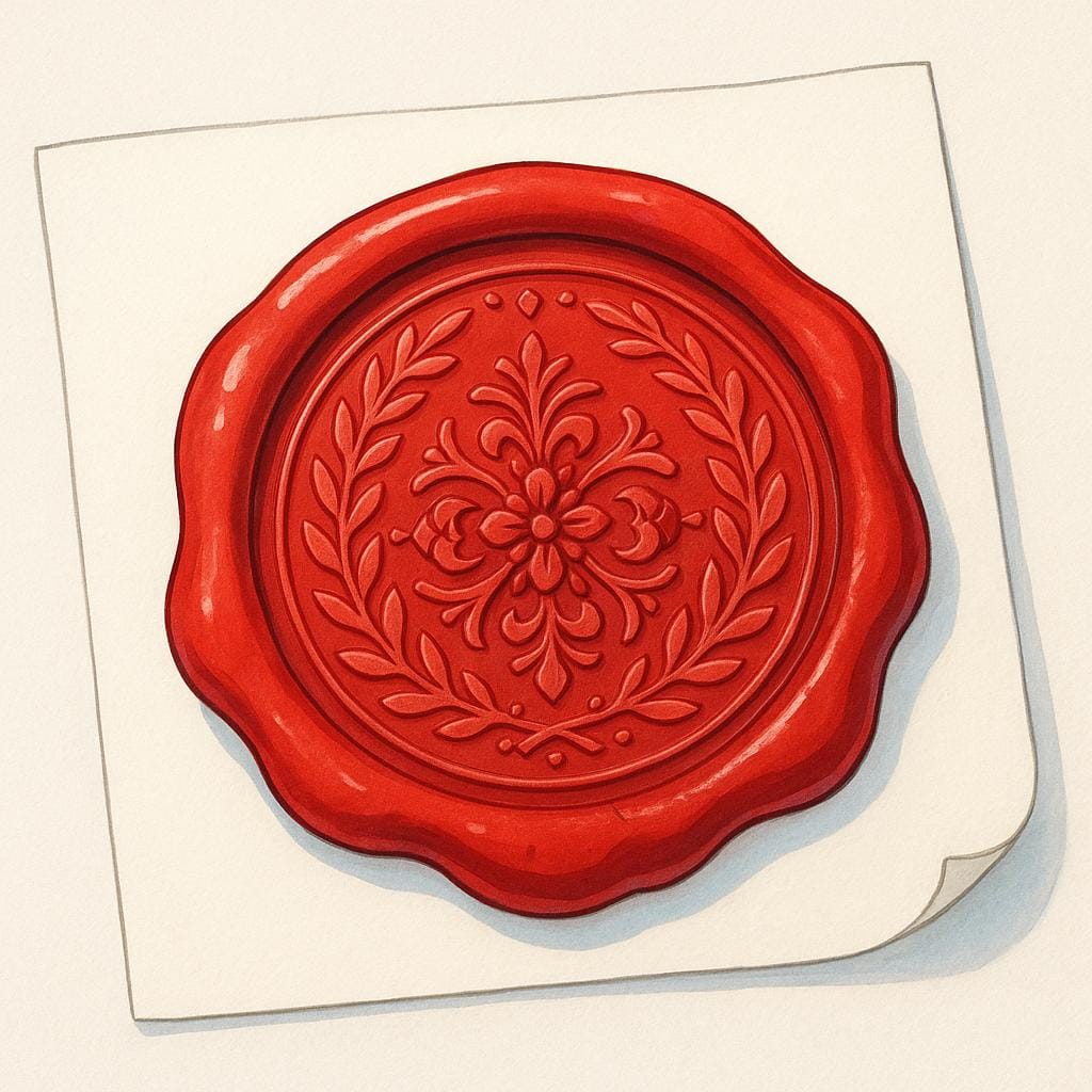 A large, circular, red wax seal with an ornate design pressed onto a simple white sheet of paper, symbolizing official recognition.