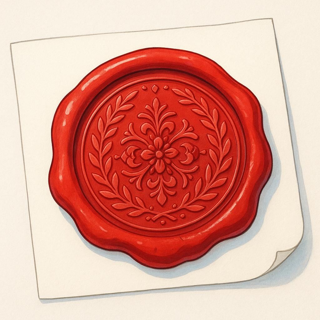 A large, circular, red wax seal with an ornate design pressed onto a simple white sheet of paper, symbolizing official recognition.