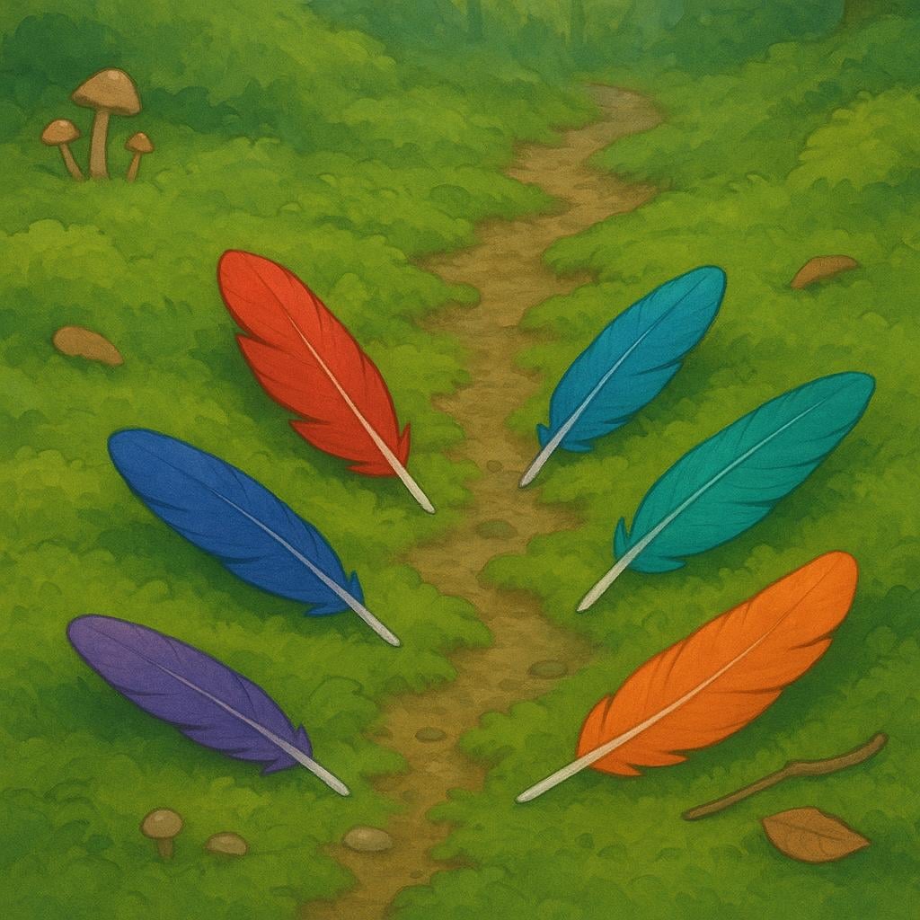 Several brightly colored feathers scattered on the dark, damp, moss-covered ground of a forest, indicating a passing animal.