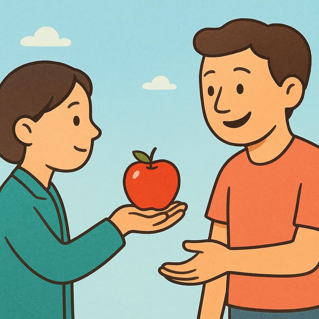 A colorful storybook illustration showing a person extending a single red apple toward a smiling man, demonstrating the act of offering.