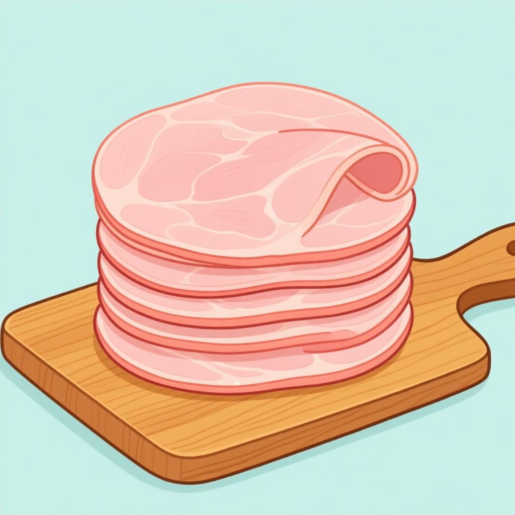 A high-quality illustration showing a stack of thin, round slices of light pink cooked ham resting on a wooden board.