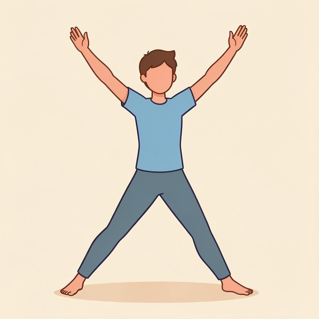 A simple illustration of a person stretching their arms and legs, emphasizing the human body.