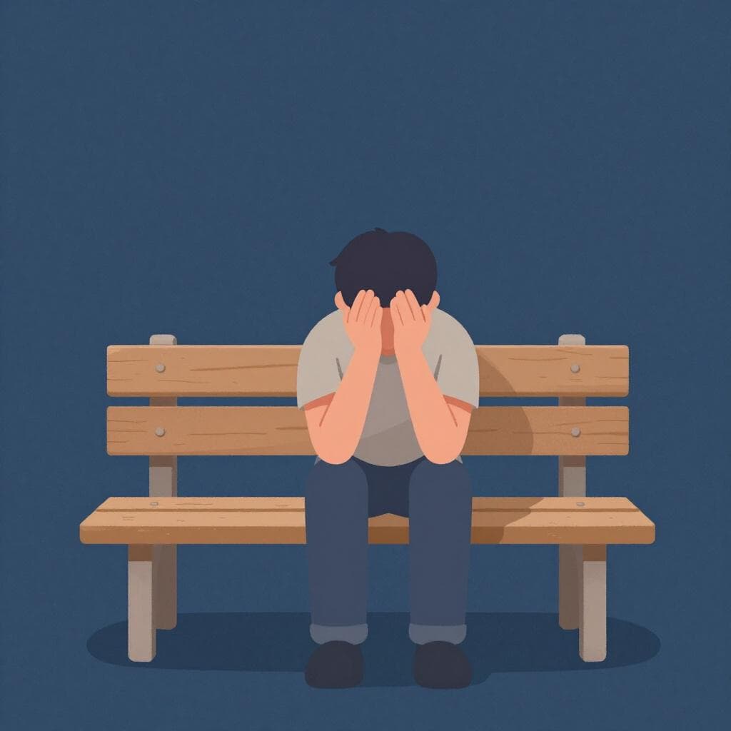 Une petite silhouette assise seule sur un banc bleu foncé, se tenant la tête dans les mains avec une posture affaissée.