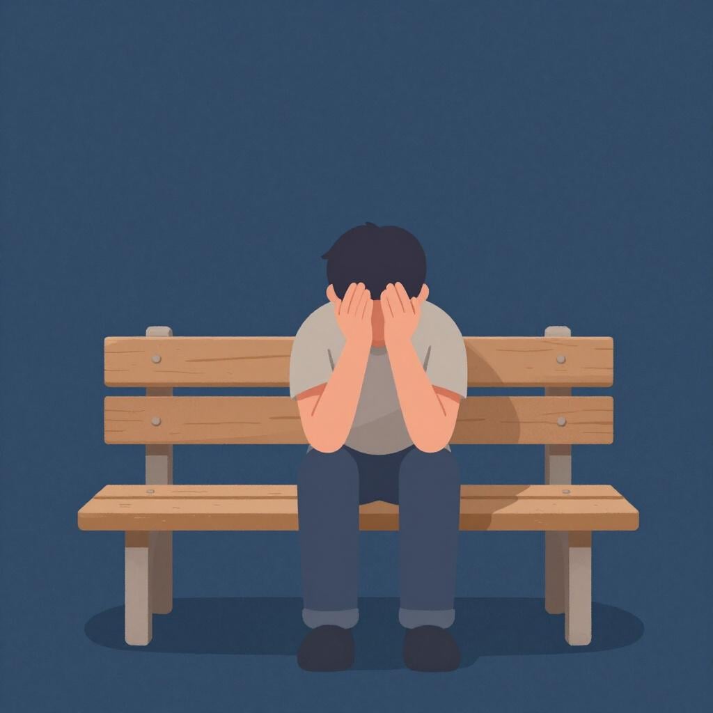 Uma pequena figura sentada sozinha num banco azul escuro, segurando a cabeça nas mãos com uma postura curvada.