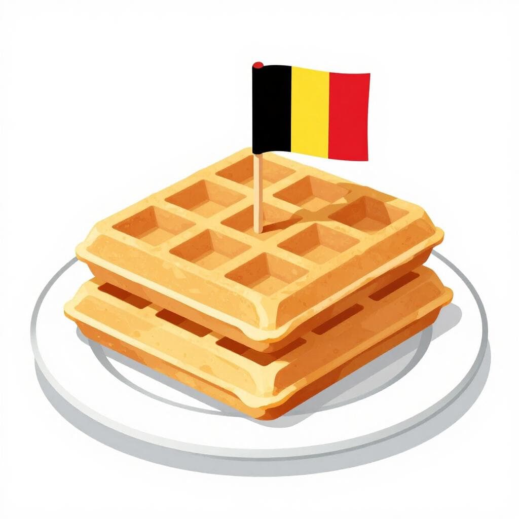 Un piatto di waffle belgi dorati con una piccola bandierina rossa, gialla e nera.