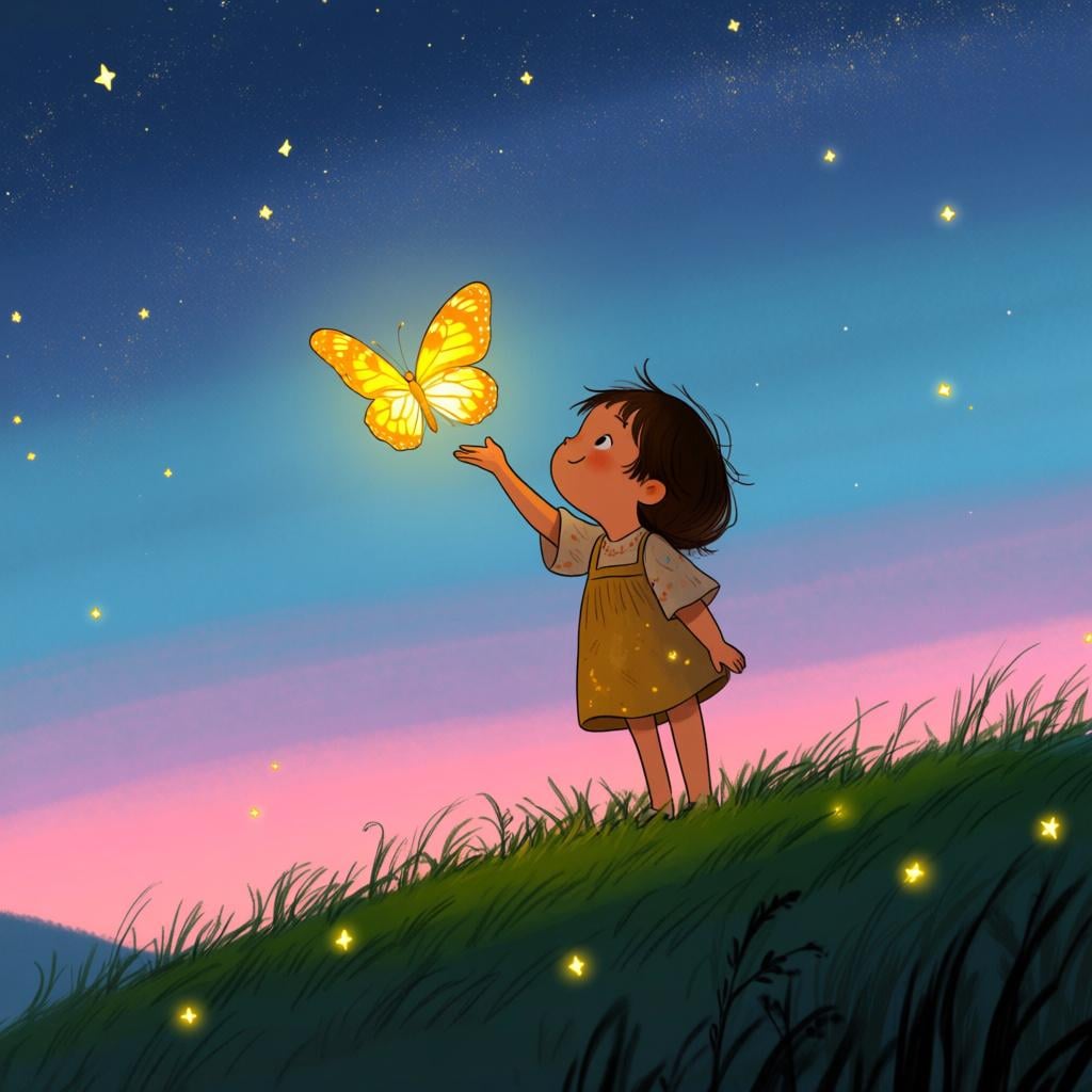 A small child standing on a hill at twilight, gently releasing a single, glowing golden butterfly into the starry sky, symbolizing hope.