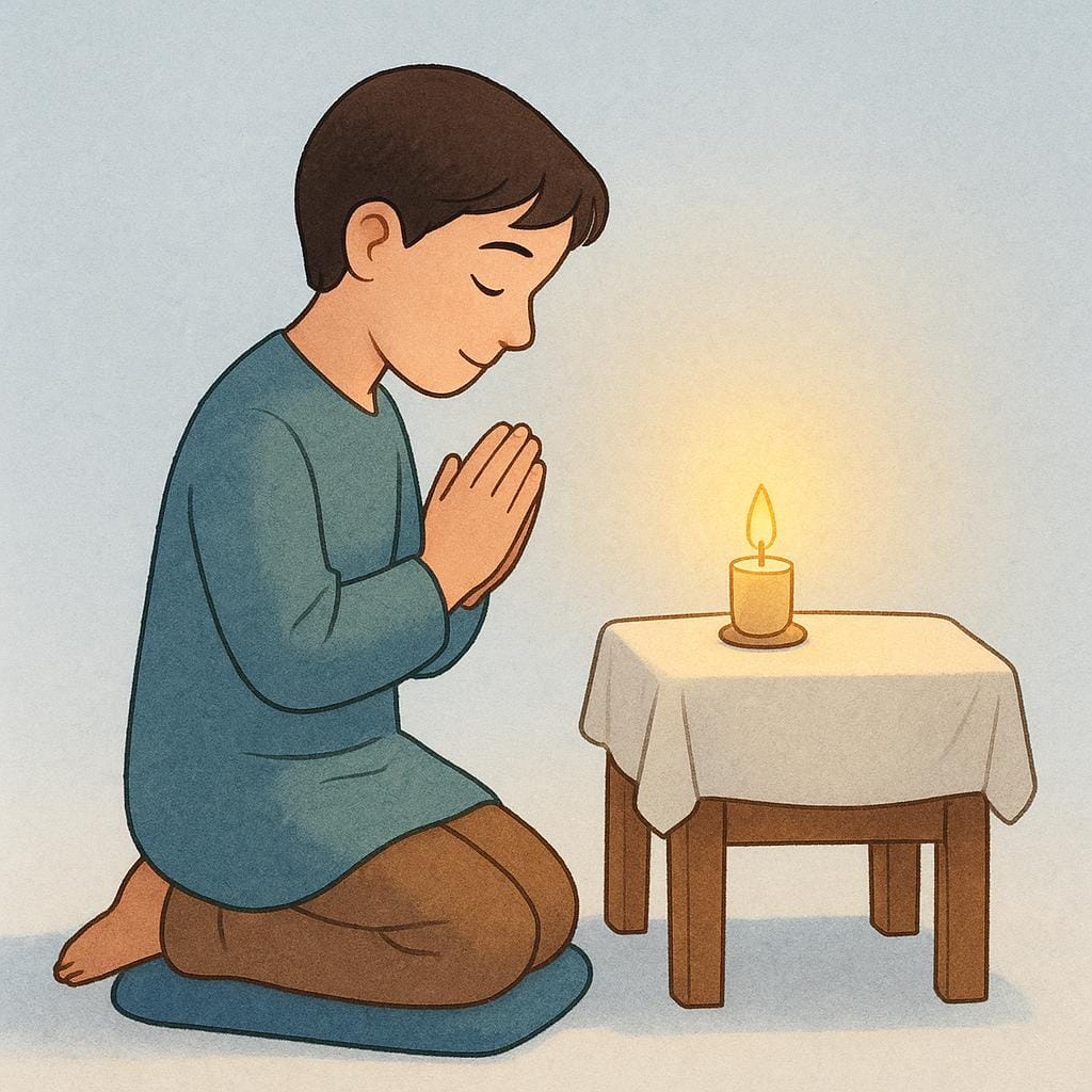 A solitary figure kneeling reverently with hands clasped in front of a small, softly glowing altar, symbolizing worship and religious devotion.