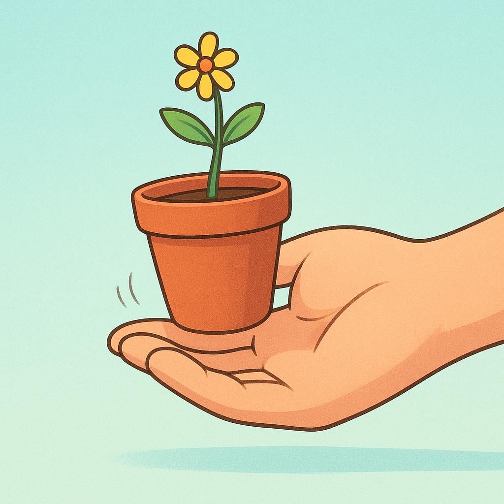 A large human hand gently cupping and stabilizing a small, wobbly flower pot so it does not fall over.