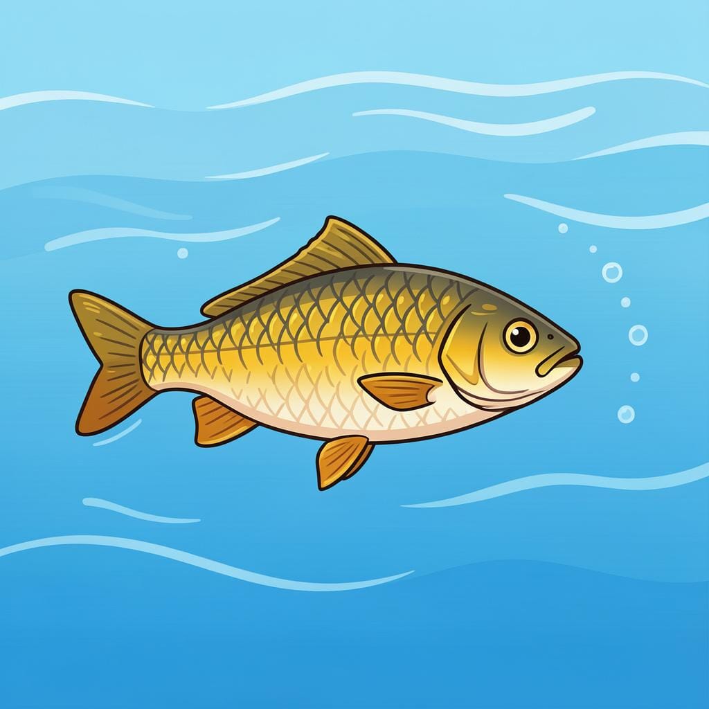 A silver fish with a distinct yellow spot on its head swimming in blue water.