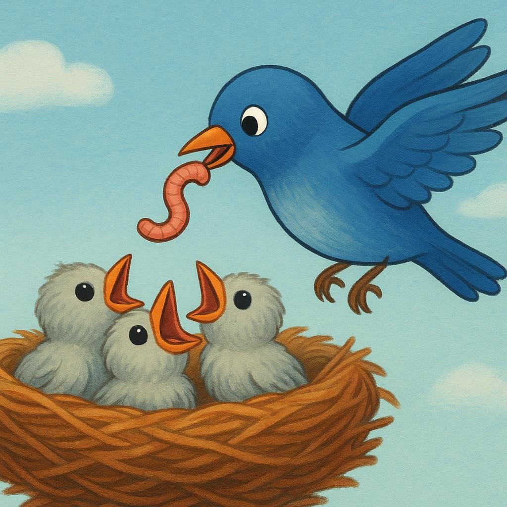 A high-quality storybook illustration showing three wide-mouthed baby birds huddled in a nest, eagerly looking up at a flying parent bird carrying a large red worm in its beak.