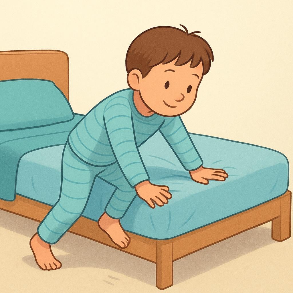 A cartoon character sitting on the edge of a bed, pushing themselves up to stand, with one foot already touching the floor.