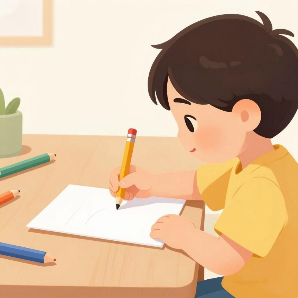 A child holding a bright yellow pencil in their right hand, ready to draw on a piece of paper.