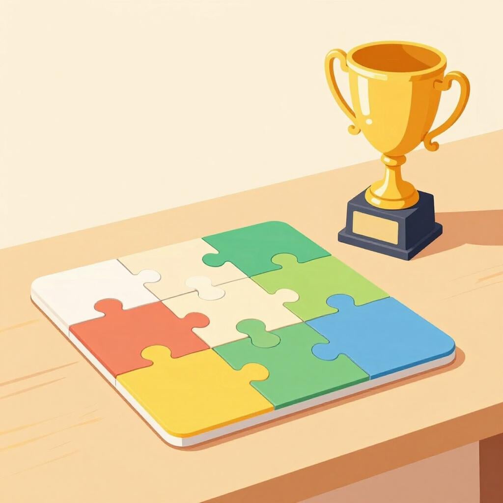 A golden trophy sitting on a table next to a finished colorful puzzle.